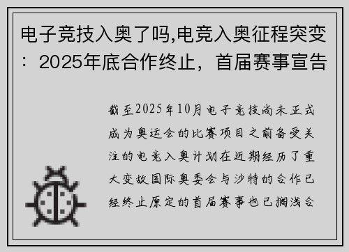 电子竞技入奥了吗,电竞入奥征程突变：2025年底合作终止，首届赛事宣告搁浅
